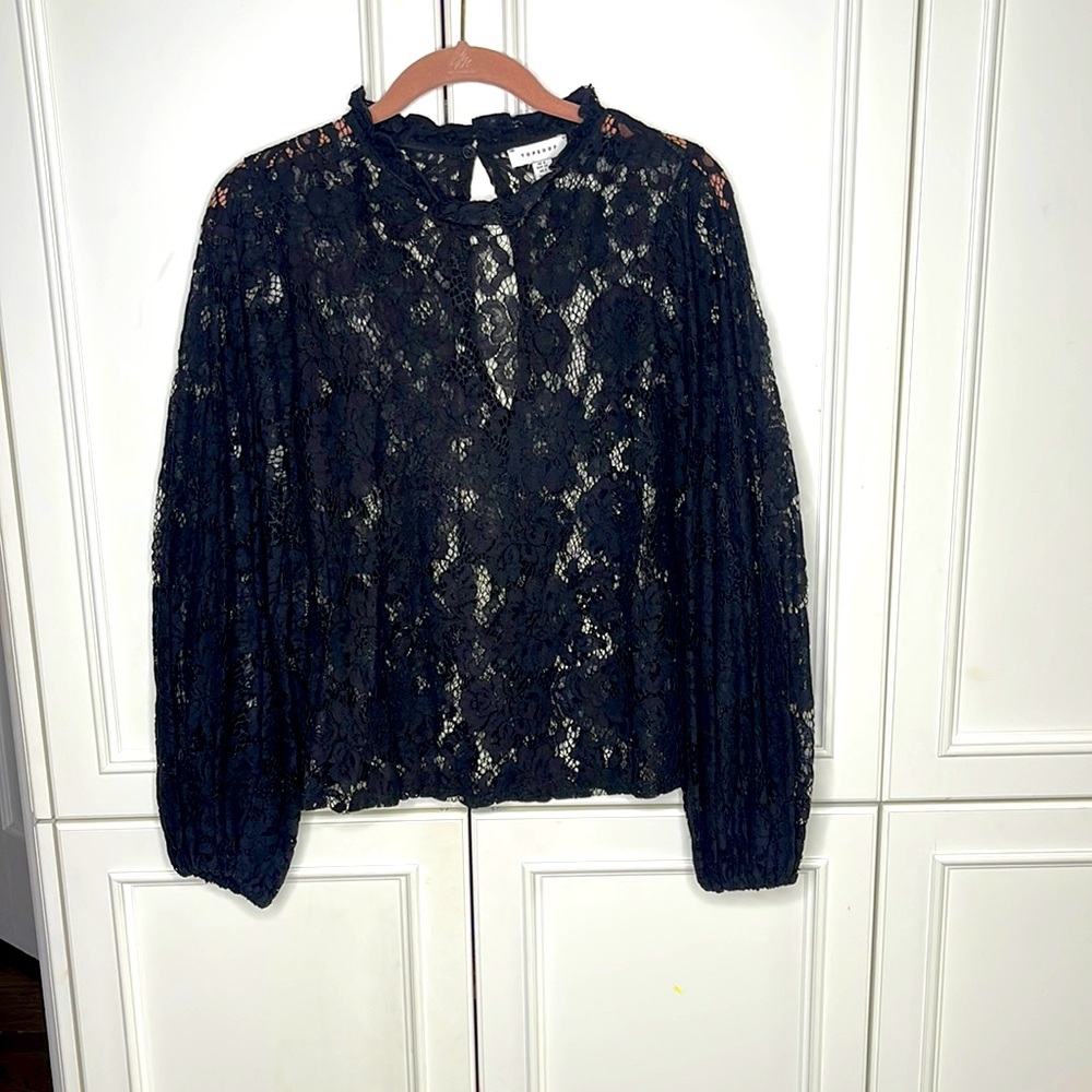 TOPSHOP black lace balloon arm shirt.  Adorable and sexy